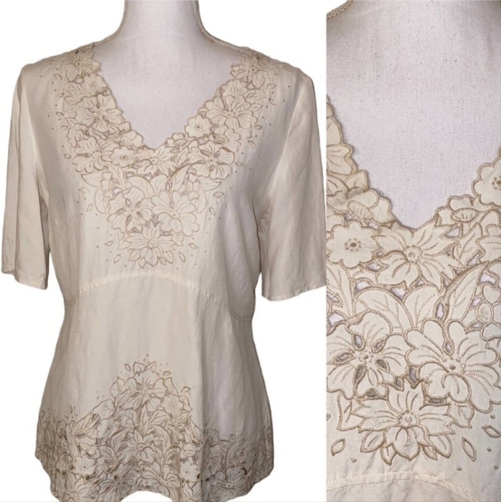 NWT J. Jill Silk Linen Blend Floral Embroidered Babydoll Short Sleeve Blouse Top